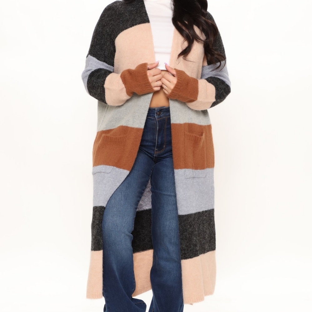 Maxi camel color block cardigan